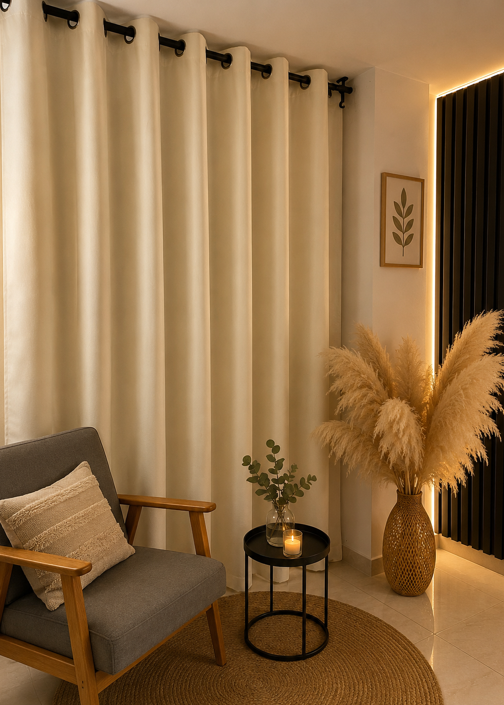 Cortina blackout beige de estilo cálido y elegante, perfecta para decorar ambientes modernos y acogedores mientras bloquea eficazmente la luz exterior.