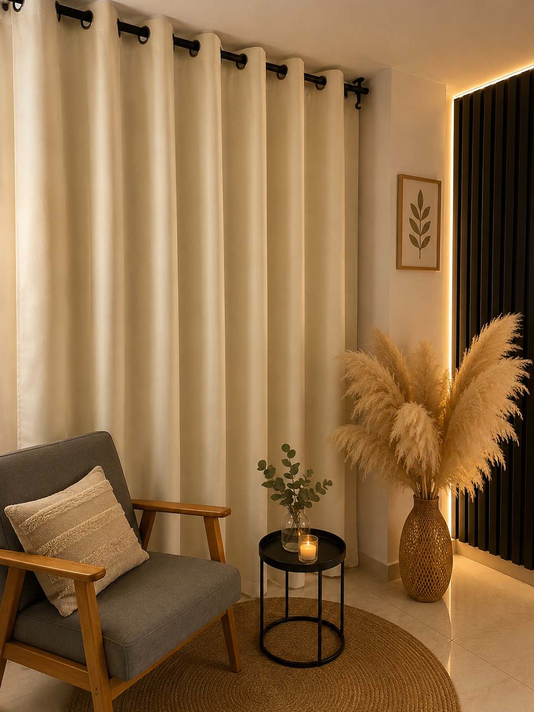 Cortina blackout beige de estilo cálido y elegante, perfecta para decorar ambientes modernos y acogedores mientras bloquea eficazmente la luz exterior.