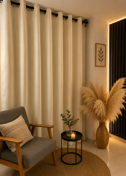 Cortina blackout beige de estilo cálido y elegante, perfecta para decorar ambientes modernos y acogedores mientras bloquea eficazmente la luz exterior.